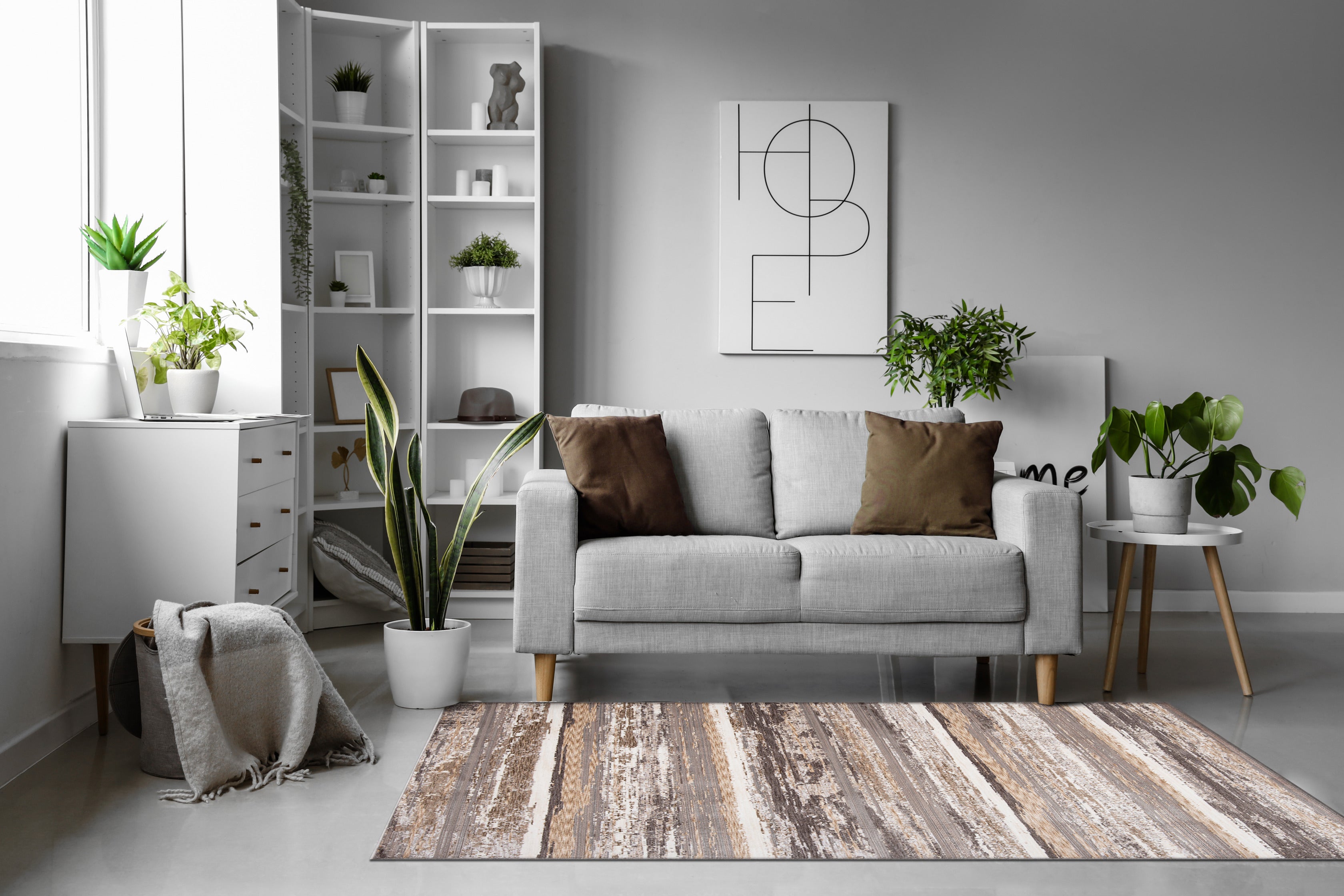 Distressed striped rug with weathered wood texture in brown and cream tones