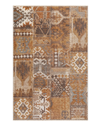 Blue book on tan wool rug with geometric cross pattern and tribal design