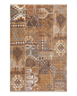 Blue book on tan wool rug with geometric cross pattern and tribal design
