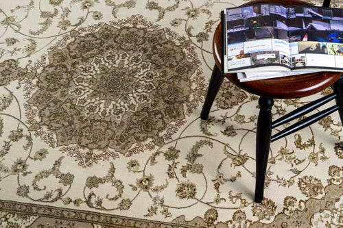 Vintage-style beige and brown medallion rug with ornate floral border pattern