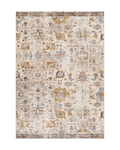 Vintage-style rug with intricate geometric patterns in cream, gold and blue tones