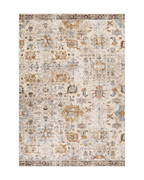 Vintage-style rug with intricate geometric patterns in cream, gold and blue tones