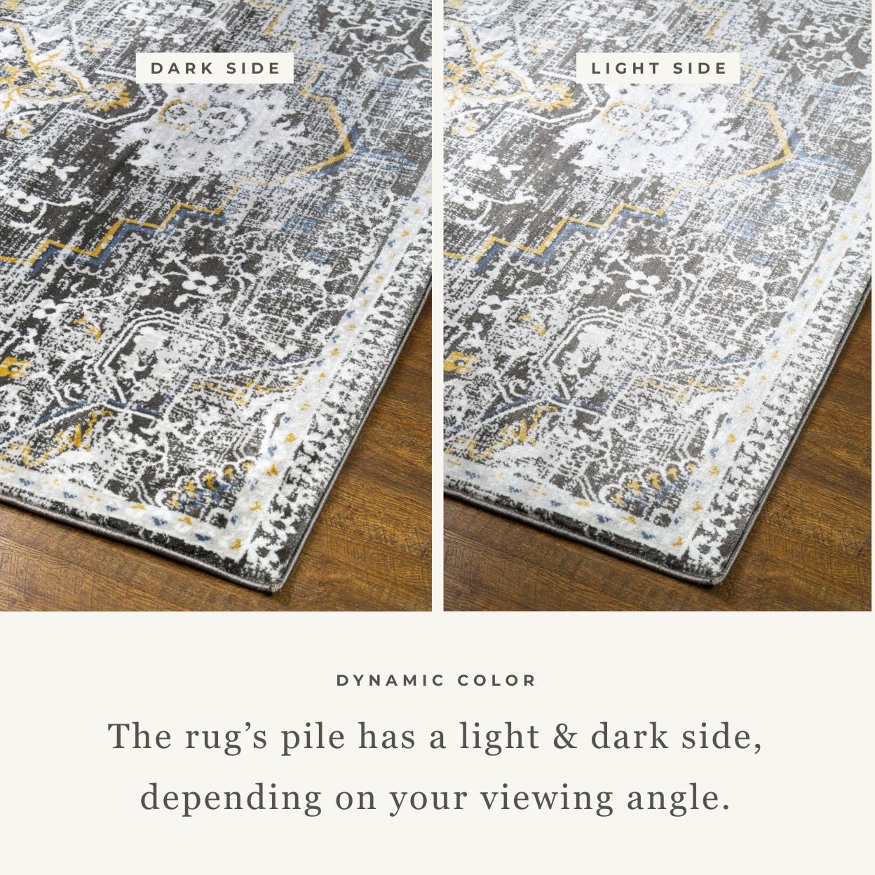Vintage-style rug with ornate geometric patterns in gray, gold, and black tones