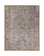 Gray traditional rug with pink floral motifs and ornate border design