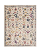 Cream wool rug with multicolored floral medallions and ornate border design