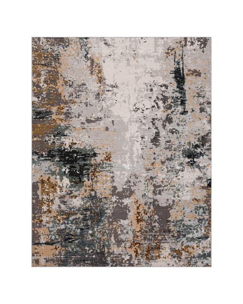 Abstract distressed rug with gold, gray, and black splatter pattern design