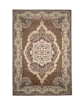 Brown traditional Persian rug with cream medallion and ornate floral borders