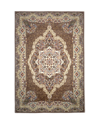 Brown traditional Persian rug with cream medallion and ornate floral borders