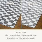Charcoal and cream checkered wool rug with textured woven pattern
