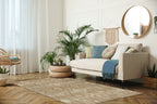Beige and tan textured rug with subtle diamond pattern throughout
