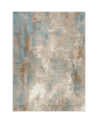 Abstract distressed rug with blue, gold, and cream tones in modern design