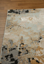 Modern abstract rug with distressed texture in grey, beige, gold and black tones