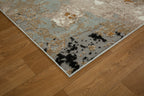 Modern abstract rug with distressed texture in grey, beige, gold and black tones