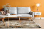 Modern abstract rug with distressed texture in grey, beige, gold and black tones
