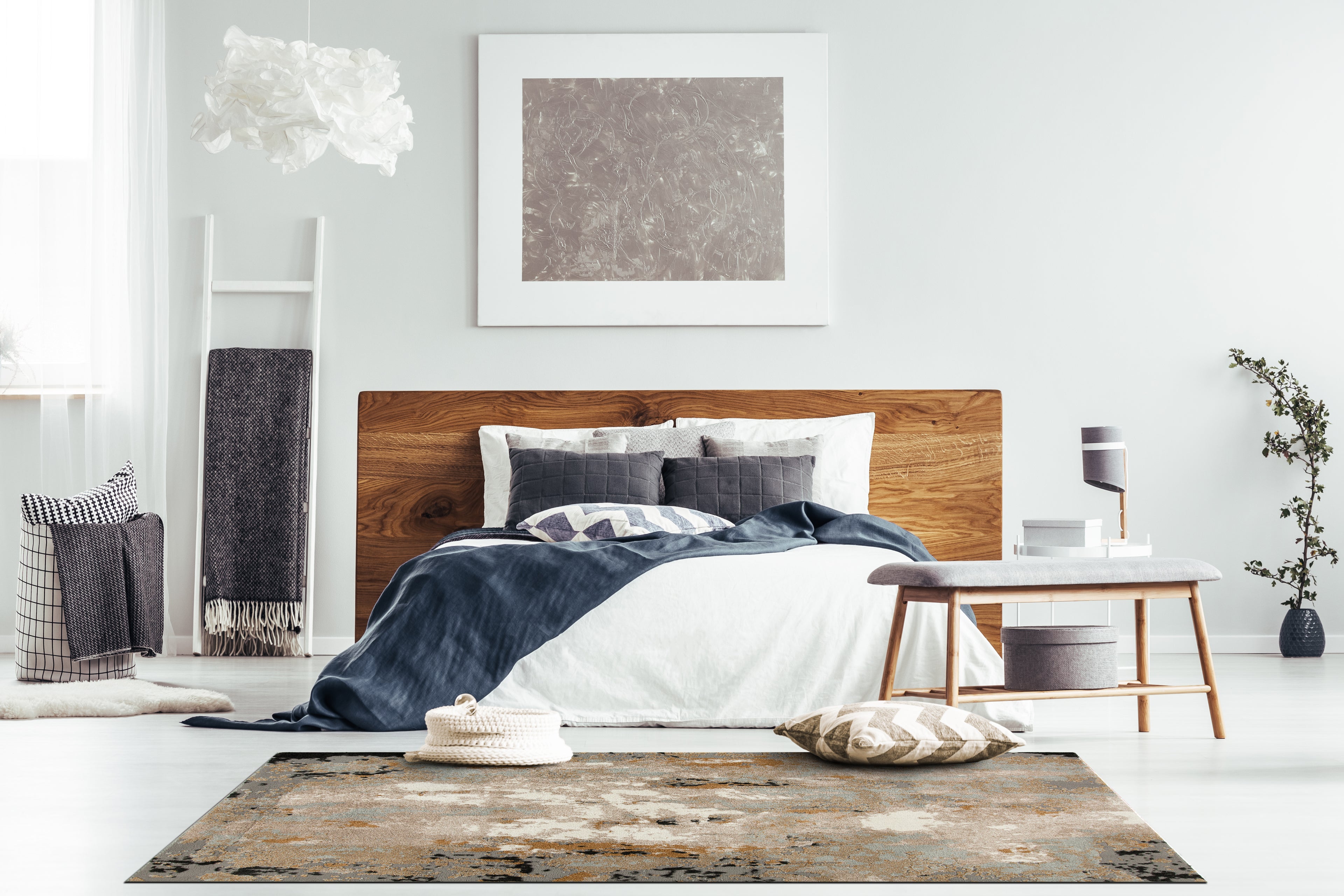 Modern abstract rug with distressed texture in grey, beige, gold and black tones