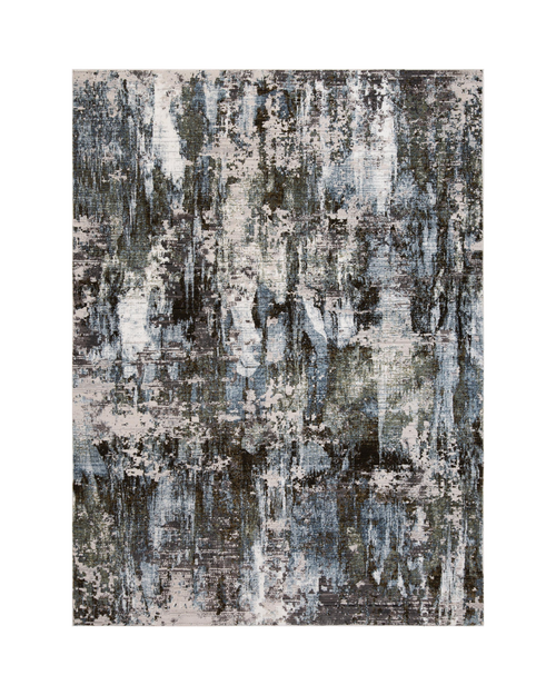 Abstract distressed rug with blue, grey and white textured pattern