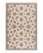 Cream traditional rug with ornate brown floral medallions and scrollwork border