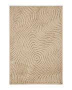 Beige wool rug with concentric circular and wavy line pattern design