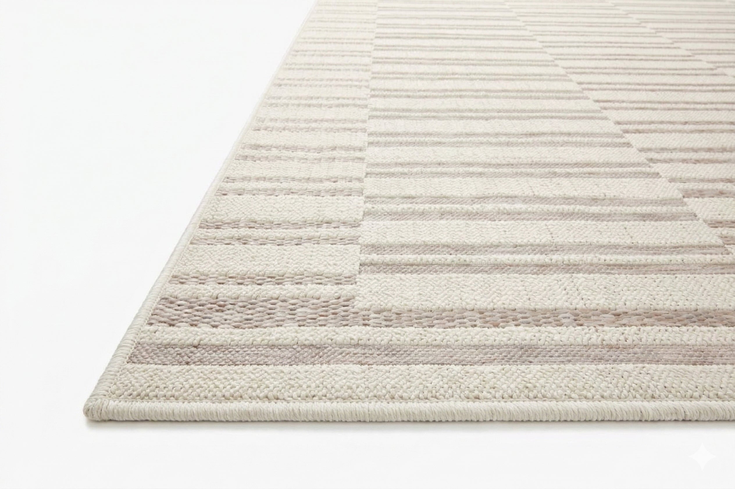 Beige and taupe striped area rug with geometric block pattern design