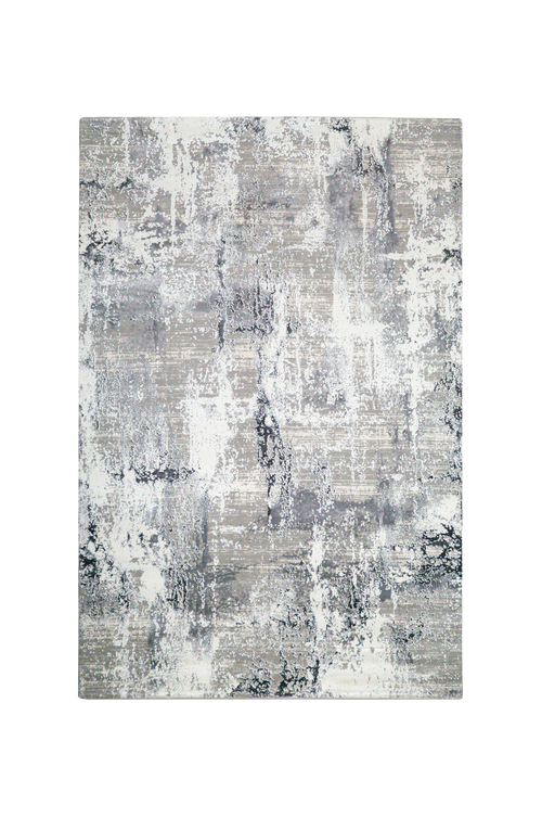 Distressed grey and white abstract area rug with weathered texture pattern