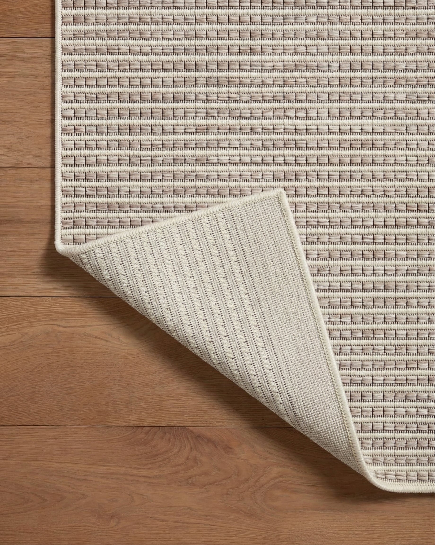 Cream and beige striped wool rug with fine textured horizontal pattern