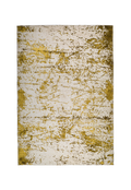 Distressed gold and cream area rug with vintage worn texture pattern