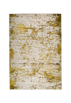 Distressed gold and cream area rug with vintage worn texture pattern