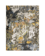 Modern abstract area rug with distressed gold, gray, and blue speckled pattern