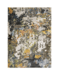 Modern abstract area rug with distressed gold, gray, and blue speckled pattern