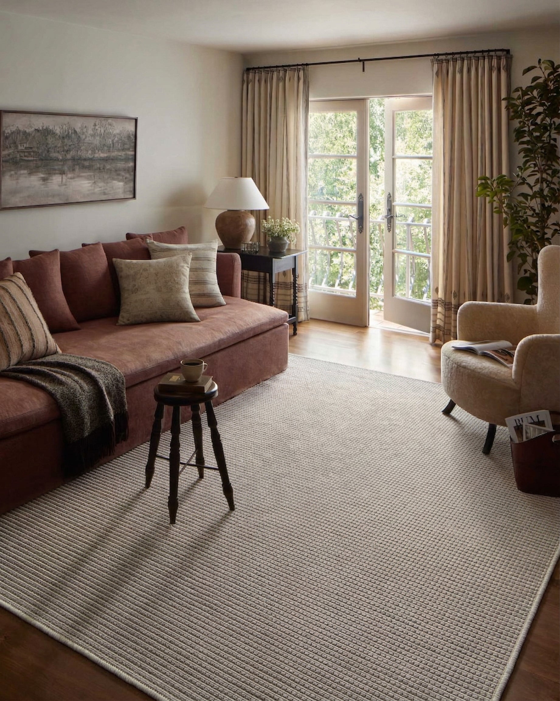 Cream and beige striped wool rug with fine textured horizontal pattern