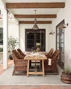 Beige and taupe striped area rug with geometric block pattern design