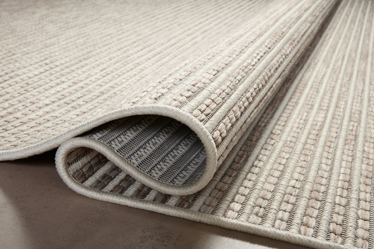 Cream and beige striped wool rug with fine textured horizontal pattern