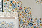 Ornate traditional rug with blue and cream floral medallion pattern and detailed border