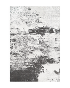 Distressed grey and white rug with abstract speckled texture and worn finish