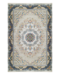 Ornate traditional rug with blue and cream floral medallion pattern and detailed border