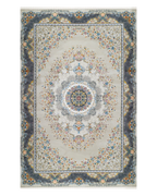 Ornate traditional rug with blue and cream floral medallion pattern and detailed border