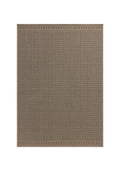 Tan and brown geometric patterned rug with textured weave and striped borders