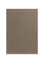Tan and brown geometric patterned rug with textured weave and striped borders