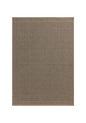 Tan and brown geometric patterned rug with textured weave and striped borders