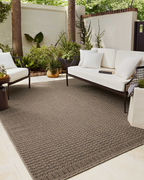Tan and brown geometric patterned rug with textured weave and striped borders