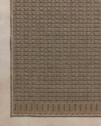 Tan and brown geometric patterned rug with textured weave and striped borders