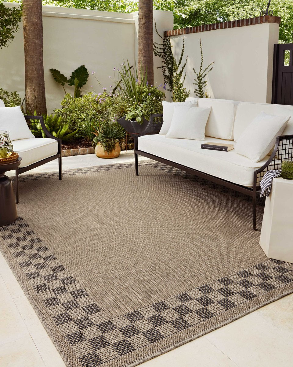 Beige and gray checkered border area rug with natural woven texture
