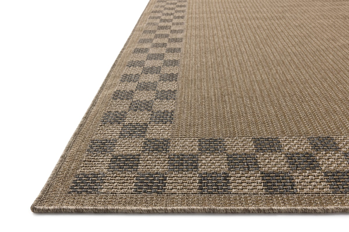 Beige and gray checkered border area rug with natural woven texture