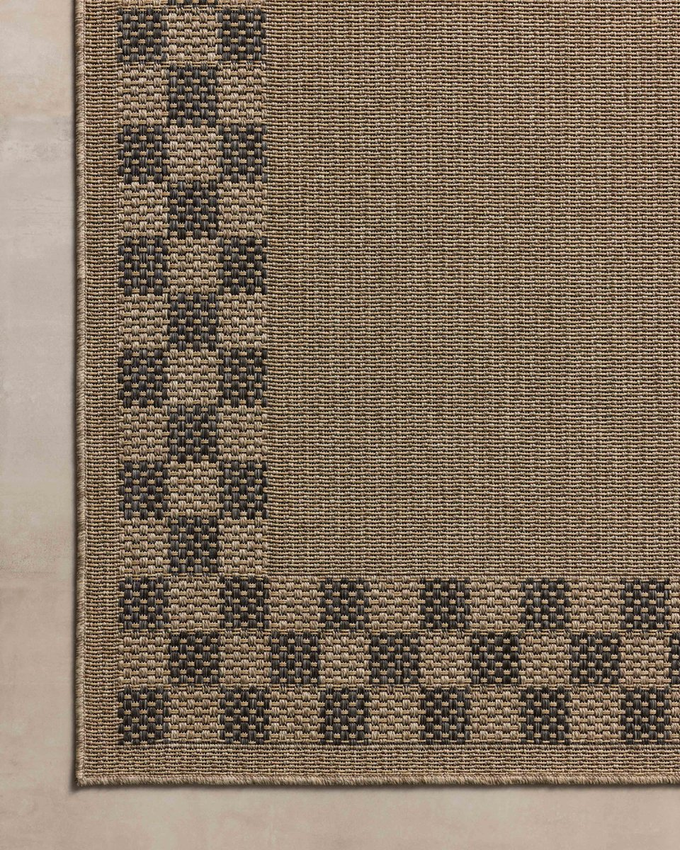 Beige and gray checkered border area rug with natural woven texture