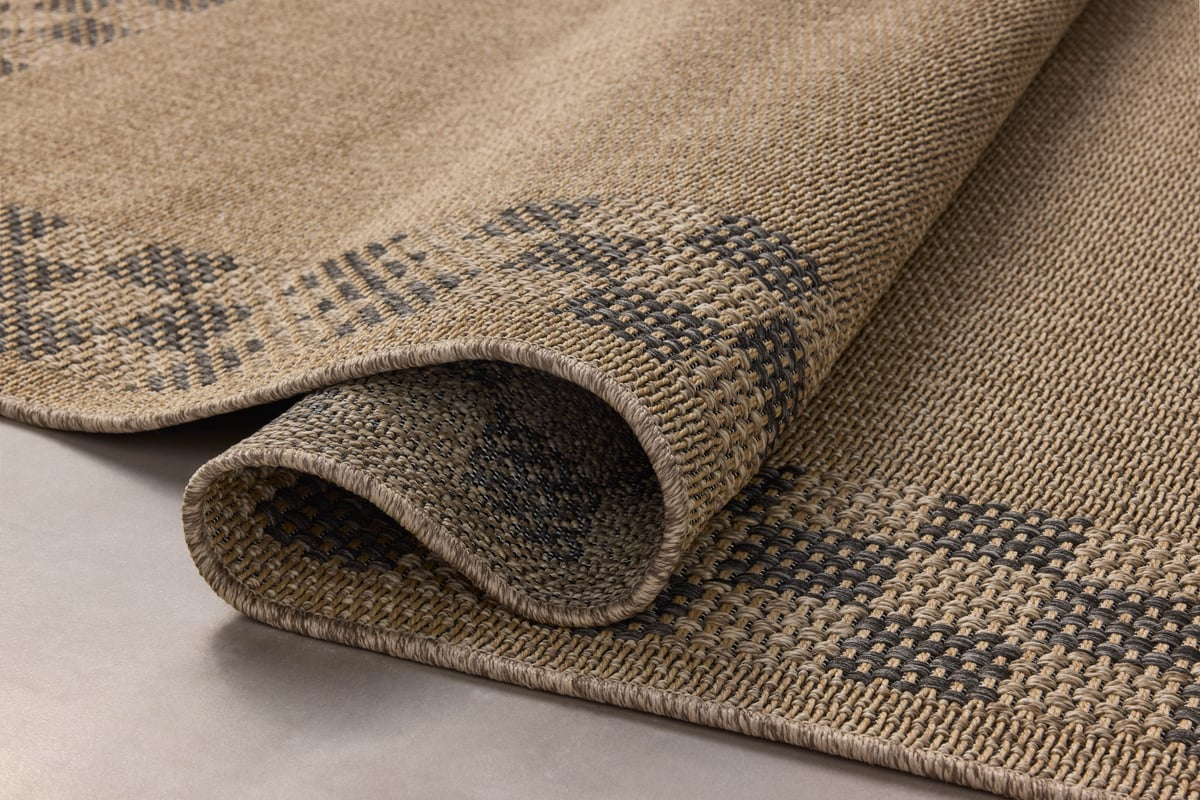 Beige and gray checkered border area rug with natural woven texture