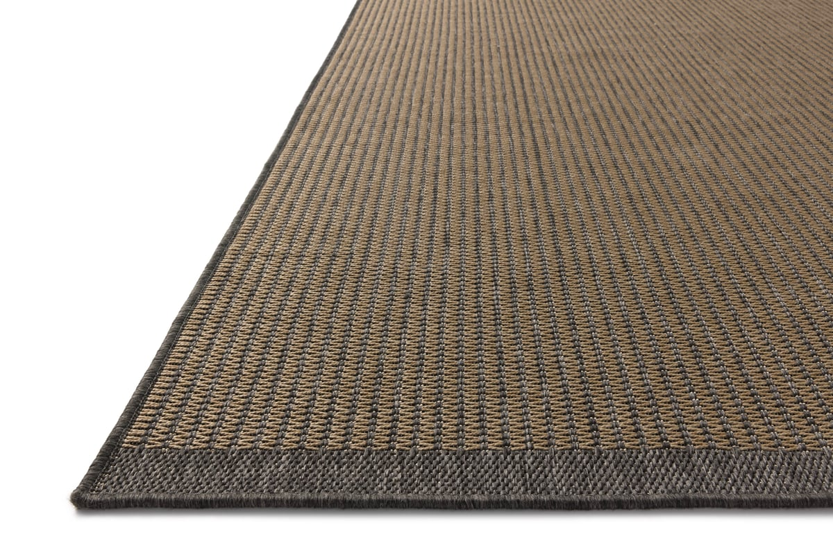 Neutral striped rug with subtle texture and dark border detail