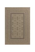 Beige geometric patterned rug with layered borders and textured woven appearance