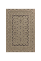 Beige geometric patterned rug with layered borders and textured woven appearance