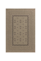 Beige geometric patterned rug with layered borders and textured woven appearance