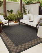 Charcoal grey and tan bordered outdoor rug in modern patio seating area